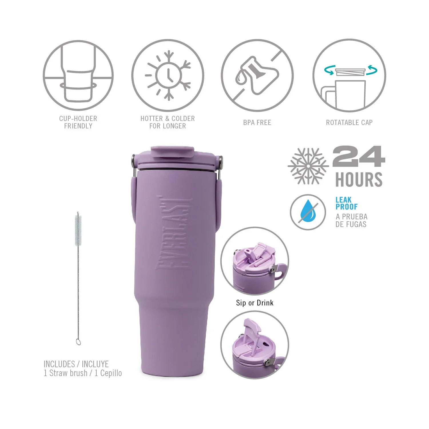 tumbler h2o 900 ml everlast, tapa multifuncional