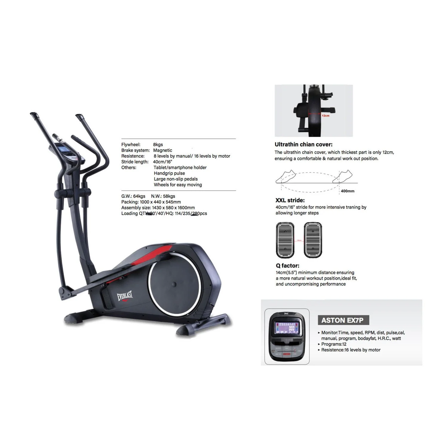 Bicicleta elíptica Everlast con monitor digital y pedales antideslizantes