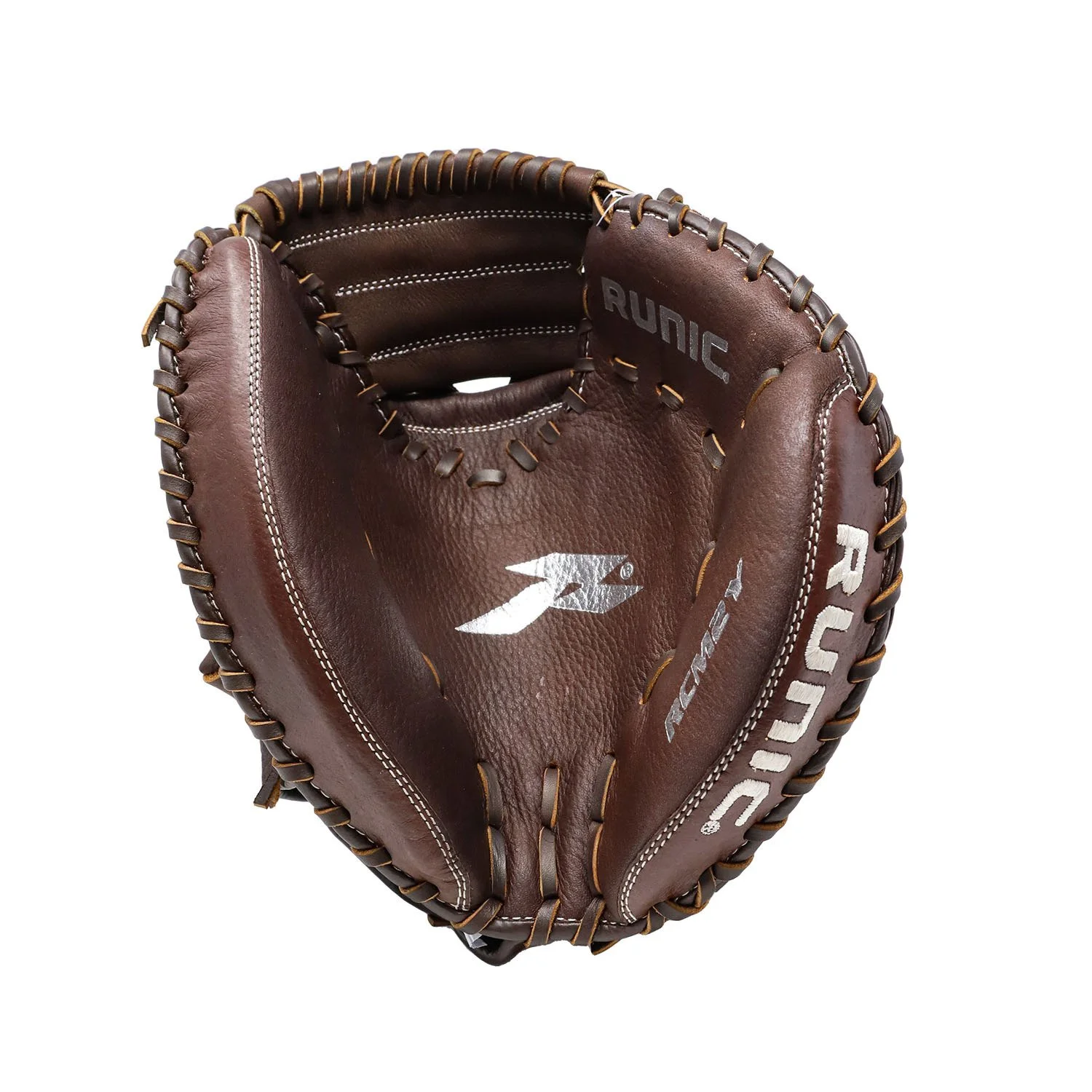 detalle de la mascota catcher beisbol runic junior, material de cuero