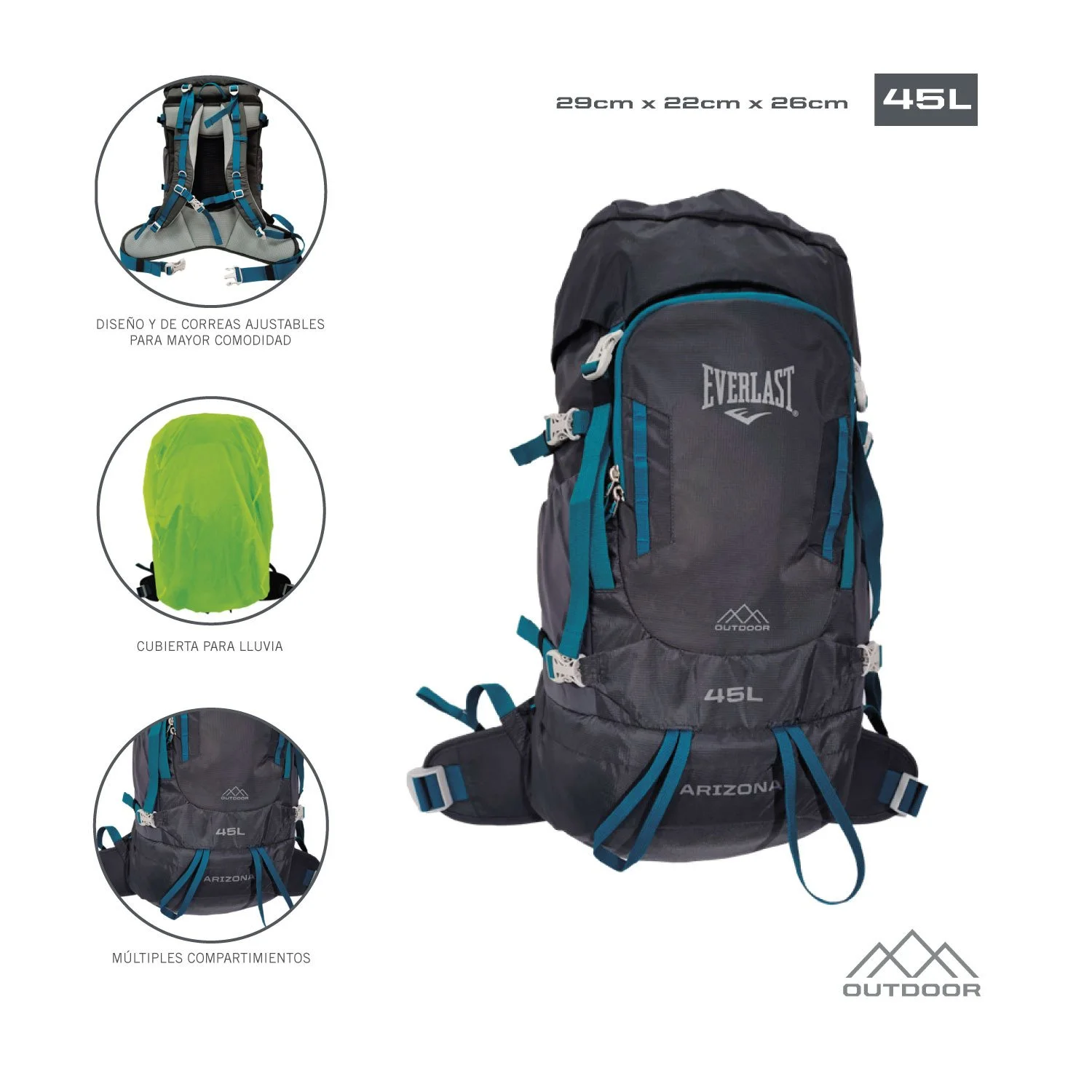 Mochila Everlast Ajustable Outdoor 45L con cinturones ajustables