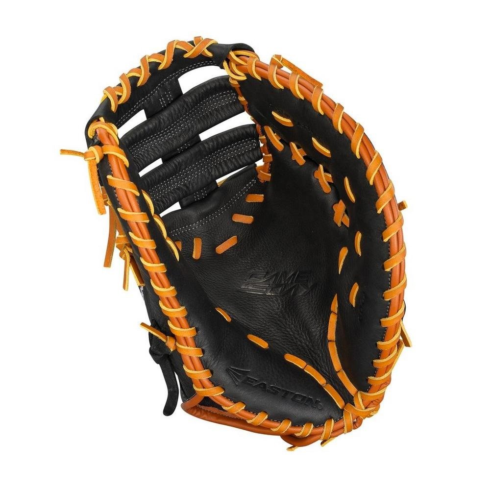 detalle del guante easton gameday 1a base zurdo, cuero y costuras